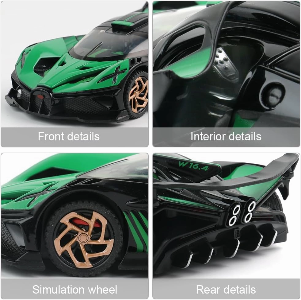 Diecast Toy Car Bugatti Bolide Sports Car Model,Zinc Alloy Simulation Casting Pull Back Vehicles,1:32 Scale Mini Electronic Supercar Toys with Lights and Music for Toddlers Kids Children Gift