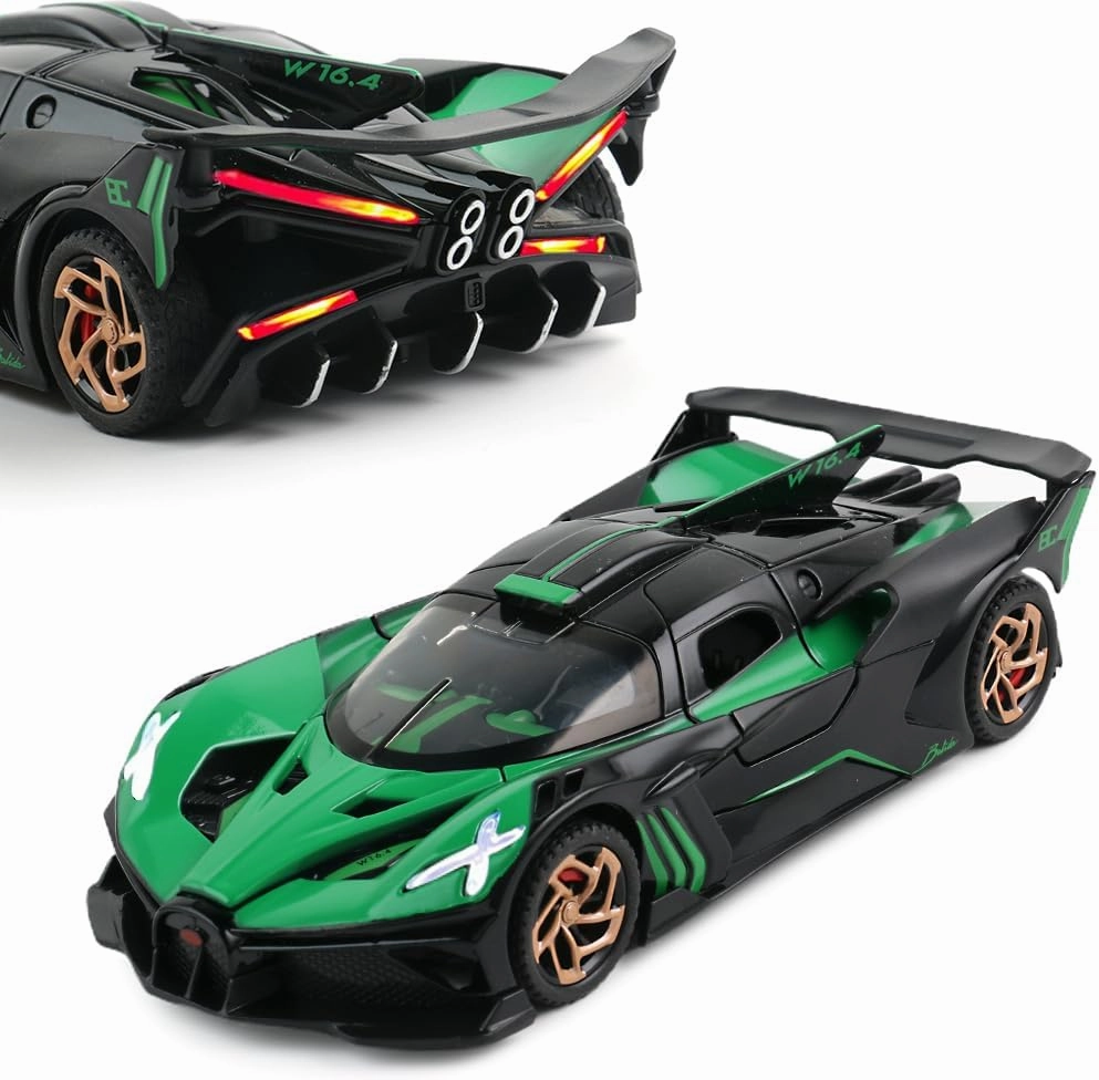 Diecast Toy Car Bugatti Bolide Sports Car Model,Zinc Alloy Simulation Casting Pull Back Vehicles,1:32 Scale Mini Electronic Supercar Toys with Lights and Music for Toddlers Kids Children Gift