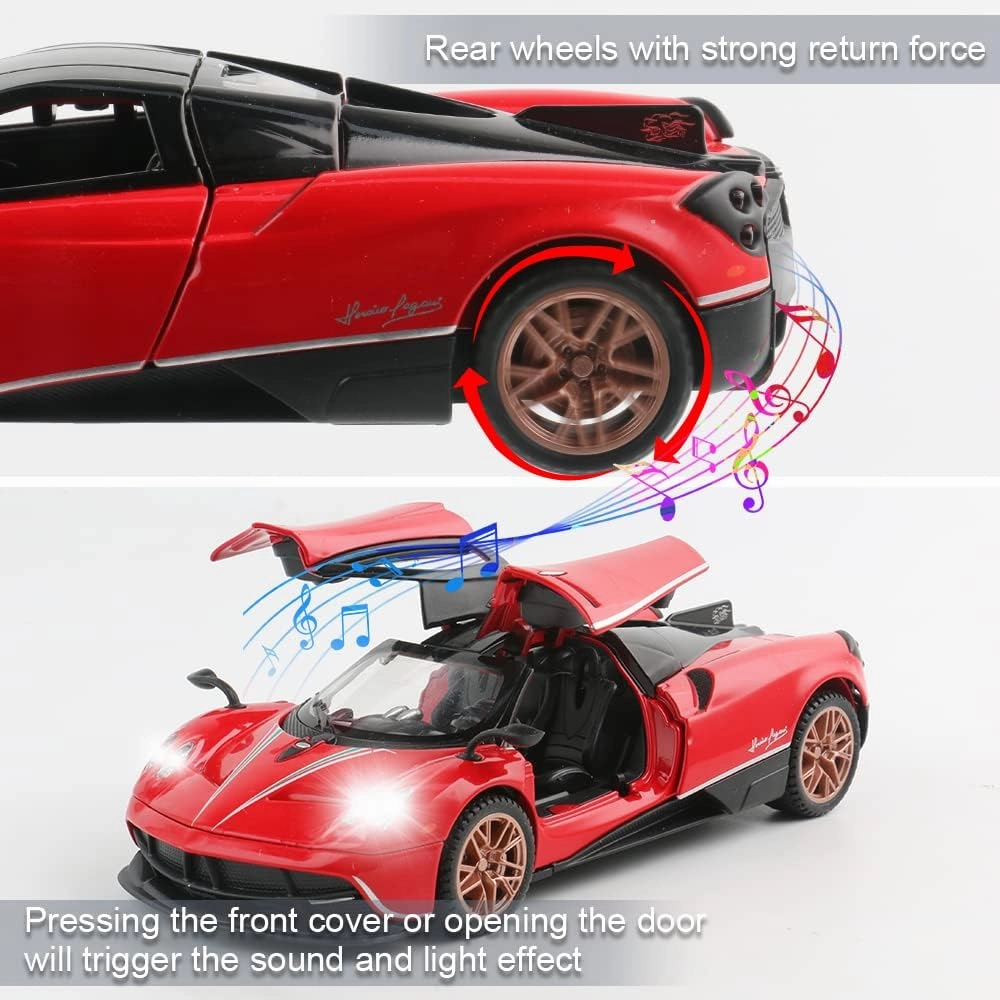 Diecast Toy Car Collectible Pagani Huayra Dinastia Sports Car Model,1:32 Scale Zinc Alloy Simulation Casting Pull Back Vehicles with Lights and Music for Toddlers Kids Children Gift(Red)