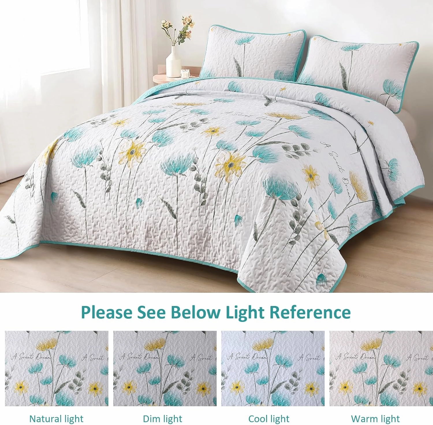 Dinjoy Floral Quilt Set Queen,Aqua Bedspread Queen Size 3 Pieces Lightweight Farmhouse Bedding Set Summer Quilts Soft Flower Bedspreads White Coverlet Sets for All Season