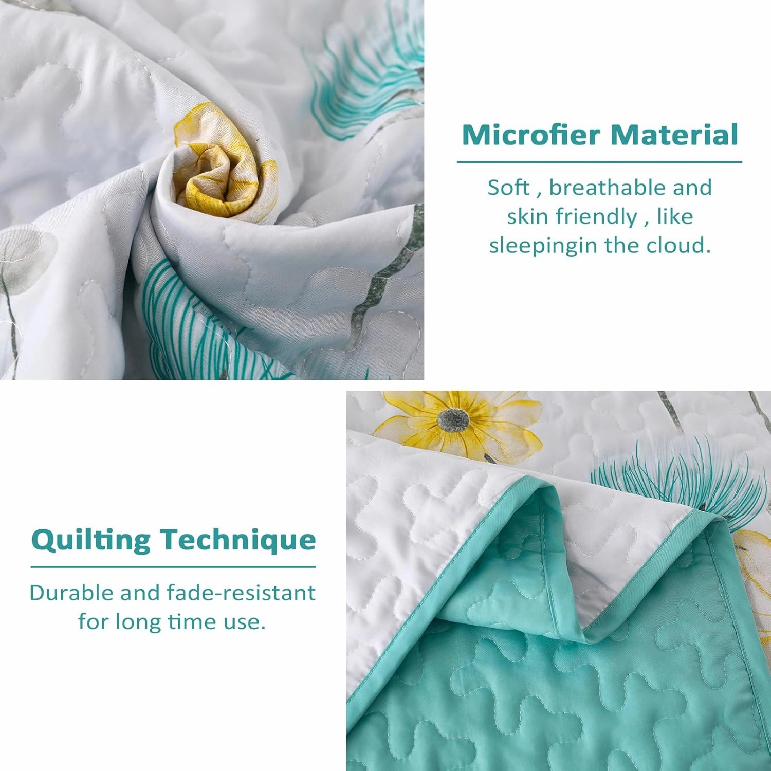 Dinjoy Floral Quilt Set Queen,Aqua Bedspread Queen Size 3 Pieces Lightweight Farmhouse Bedding Set Summer Quilts Soft Flower Bedspreads White Coverlet Sets for All Season