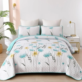 Dinjoy Floral Quilt Set Queen,Aqua Bedspread Queen Size 3 Pieces Lightweight Farmhouse Bedding Set Summer Quilts Soft Flower Bedspreads White Coverlet Sets for All Season