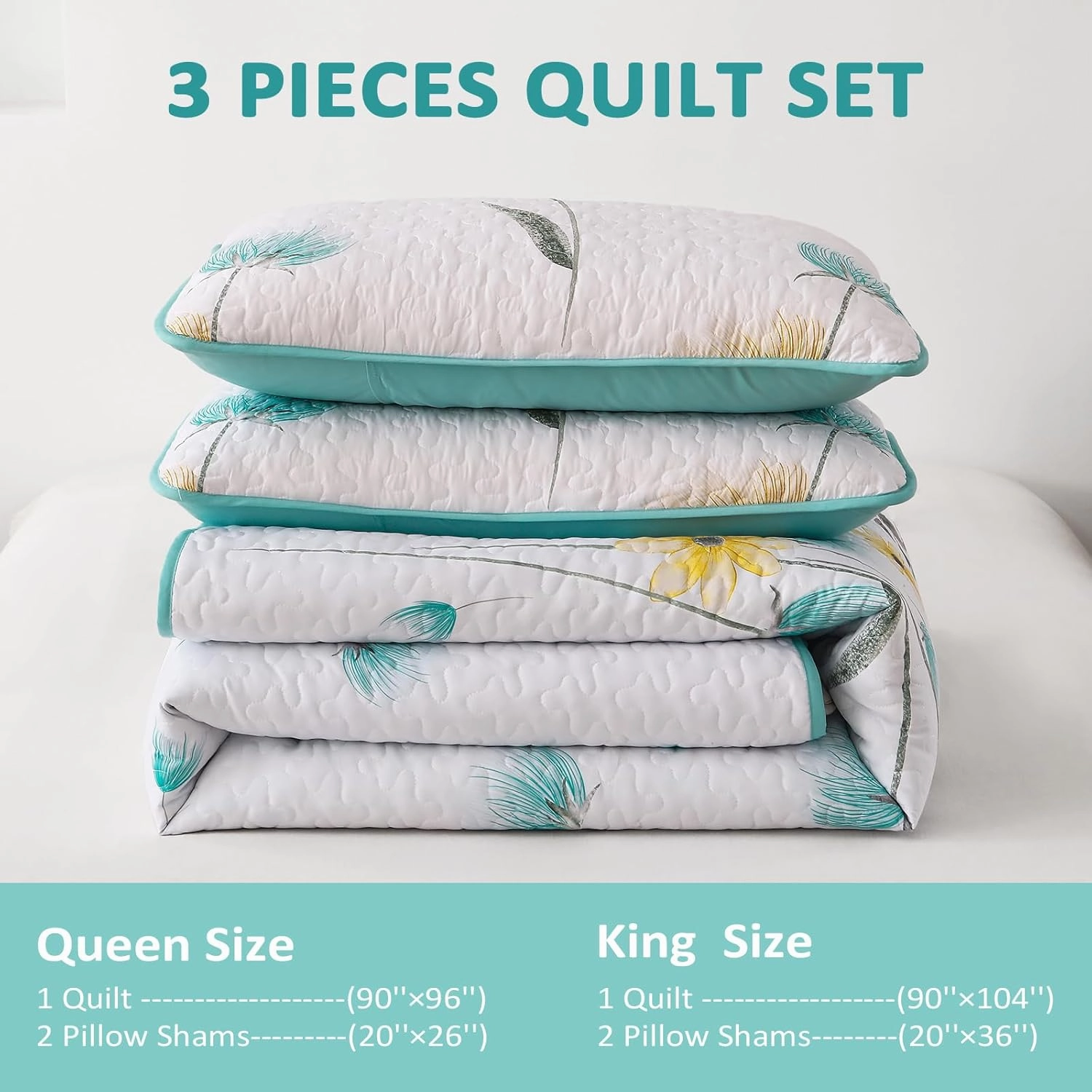 Dinjoy Floral Quilt Set Queen,Aqua Bedspread Queen Size 3 Pieces Lightweight Farmhouse Bedding Set Summer Quilts Soft Flower Bedspreads White Coverlet Sets for All Season
