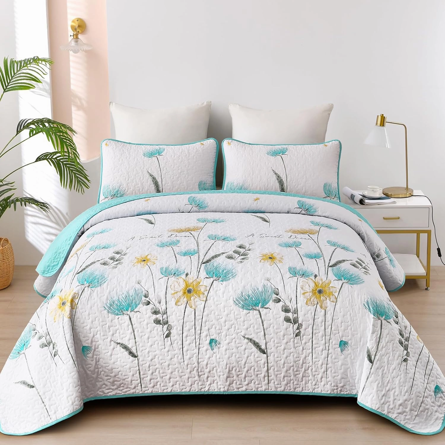Dinjoy Floral Quilt Set Queen,Aqua Bedspread Queen Size 3 Pieces Lightweight Farmhouse Bedding Set Summer Quilts Soft Flower Bedspreads White Coverlet Sets for All Season