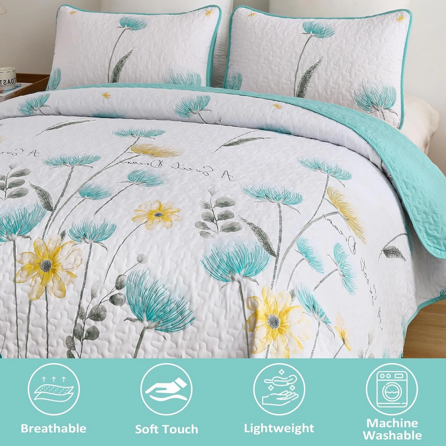 Dinjoy Floral Quilt Set Queen,Aqua Bedspread Queen Size 3 Pieces Lightweight Farmhouse Bedding Set Summer Quilts Soft Flower Bedspreads White Coverlet Sets for All Season