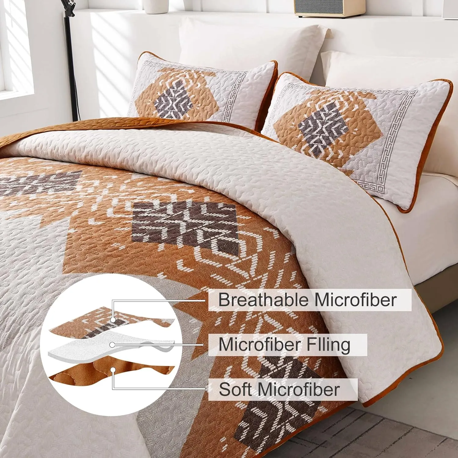 Dintszyayue Boho Quilt Set King Size 3 Pieces Aztec Texture Bedspread Coverlet Set Bohemian Quilt Bedding Set Microfiber Lightweight Bed Cover for All Seasons (Terracotta, 90"×103")