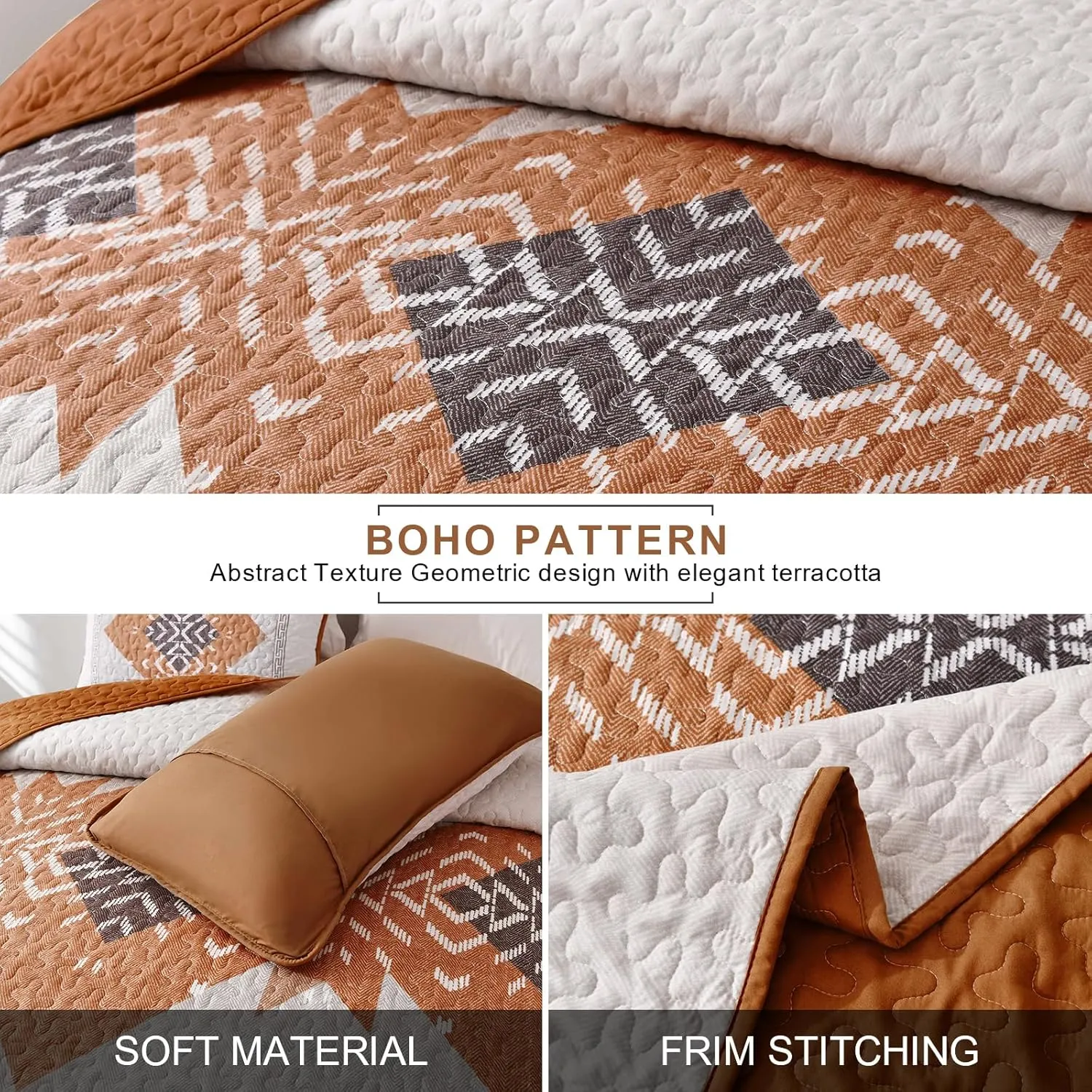 Dintszyayue Boho Quilt Set King Size 3 Pieces Aztec Texture Bedspread Coverlet Set Bohemian Quilt Bedding Set Microfiber Lightweight Bed Cover for All Seasons (Terracotta, 90"×103")