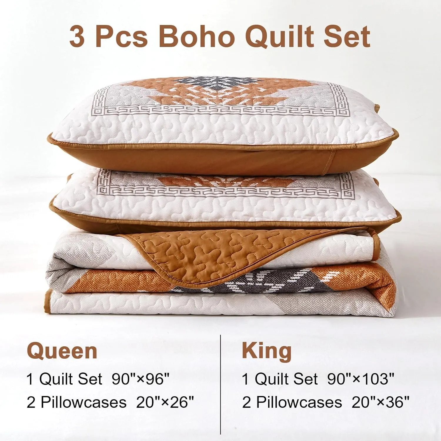 Dintszyayue Boho Quilt Set King Size 3 Pieces Aztec Texture Bedspread Coverlet Set Bohemian Quilt Bedding Set Microfiber Lightweight Bed Cover for All Seasons (Terracotta, 90"×103")