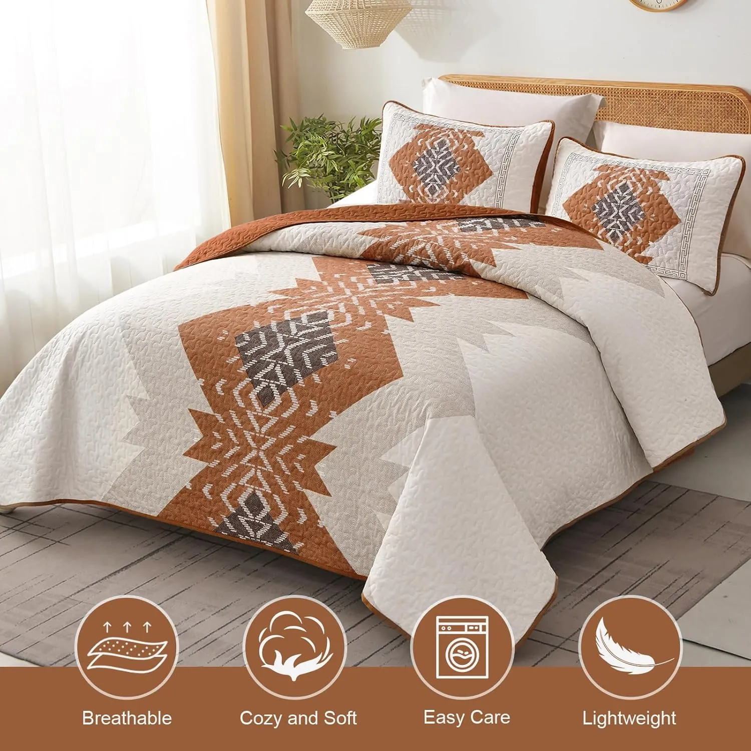 Dintszyayue Boho Quilt Set King Size 3 Pieces Aztec Texture Bedspread Coverlet Set Bohemian Quilt Bedding Set Microfiber Lightweight Bed Cover for All Seasons (Terracotta, 90"×103")