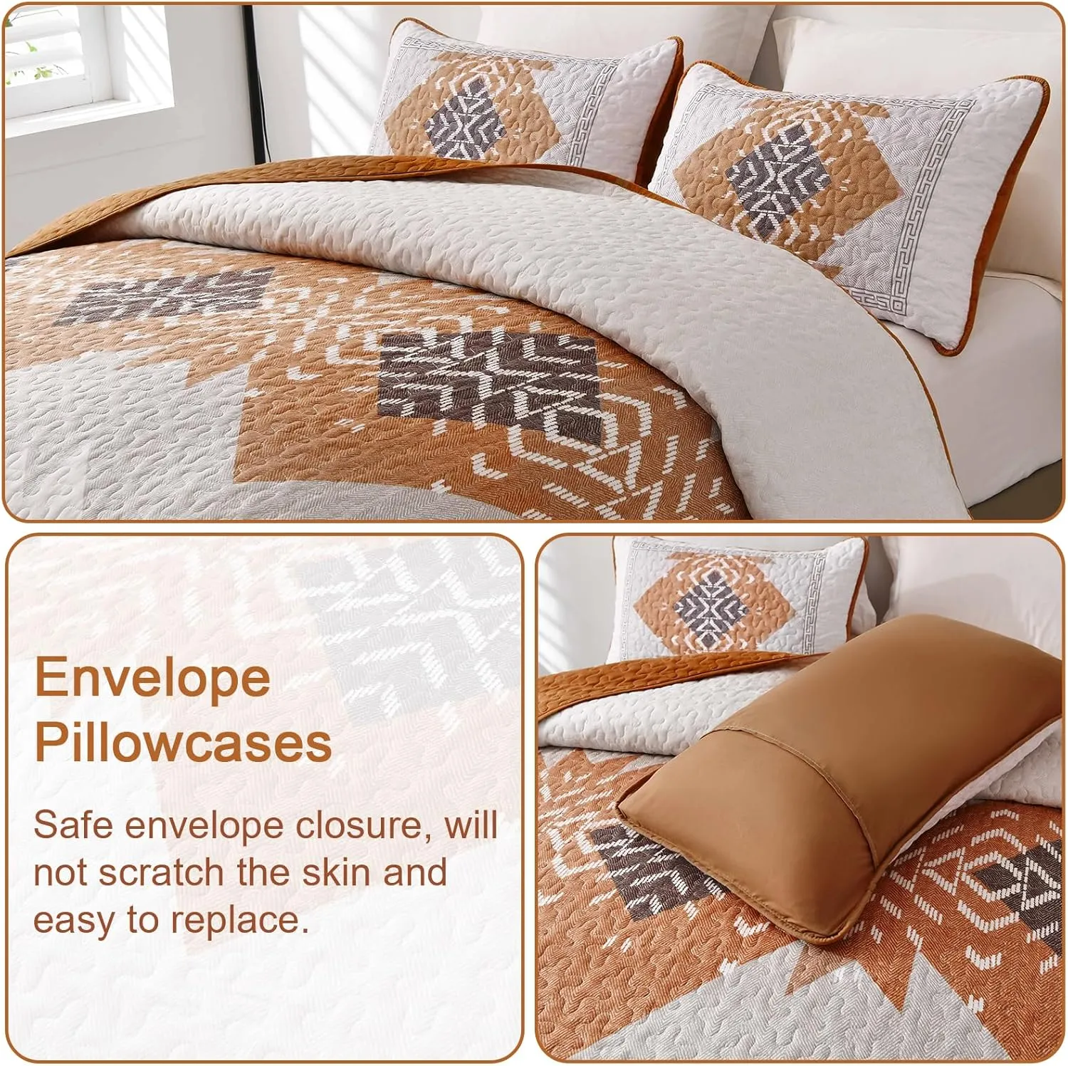 Dintszyayue Boho Quilt Set King Size 3 Pieces Aztec Texture Bedspread Coverlet Set Bohemian Quilt Bedding Set Microfiber Lightweight Bed Cover for All Seasons (Terracotta, 90"×103")