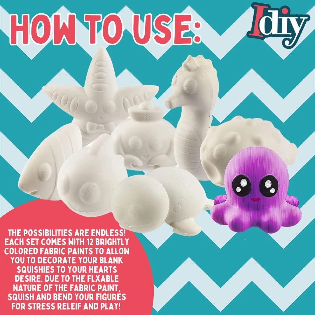 DIY Party Craft Kit Jumbo Ocean Pals Squishies (8 Unique Sea Animals w 12 Fabric Paints) -White Kawaii Scented Slow Rise Squishy Toys, Stress Relief Set, Summer Project, Birthday Activity Gift (4"-6")