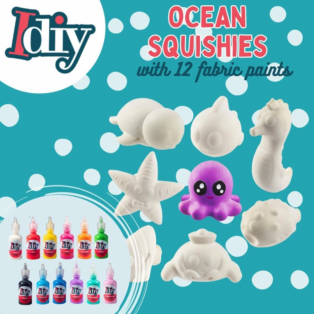 DIY Party Craft Kit Jumbo Ocean Pals Squishies (8 Unique Sea Animals w 12 Fabric Paints) -White Kawaii Scented Slow Rise Squishy Toys, Stress Relief Set, Summer Project, Birthday Activity Gift (4"-6")