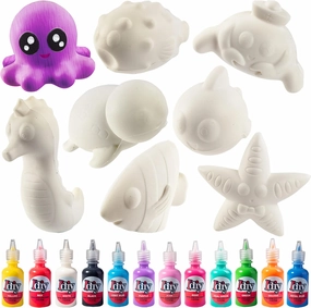 DIY Party Craft Kit Jumbo Ocean Pals Squishies (8 Unique Sea Animals w 12 Fabric Paints) -White Kawaii Scented Slow Rise Squishy Toys, Stress Relief Set, Summer Project, Birthday Activity Gift (4"-6")
