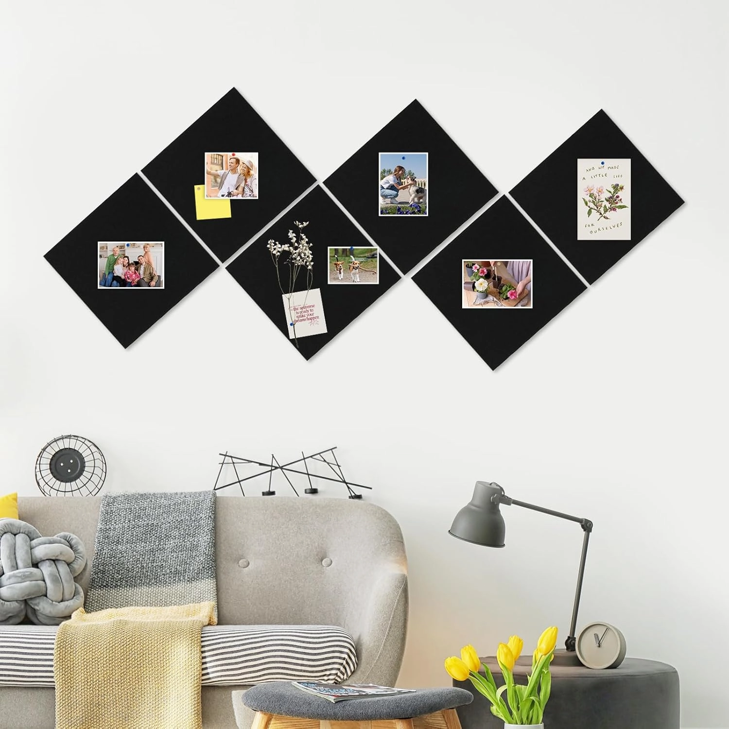 DOLLAR BOSS Felt Cork Board Tiles, 6 Packs 12" x 12" 1/2" Thick Cork Bulletin Board Self Adhesive Acoustic Panels Soundproof Corkboards for Walls with 60 Pushpins for Home Office Kitchen School, Black