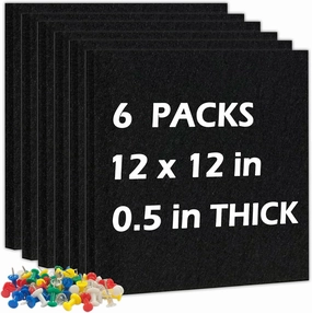 DOLLAR BOSS Felt Cork Board Tiles, 6 Packs 12" x 12" 1/2" Thick Cork Bulletin Board Self Adhesive Acoustic Panels Soundproof Corkboards for Walls with 60 Pushpins for Home Office Kitchen School, Black