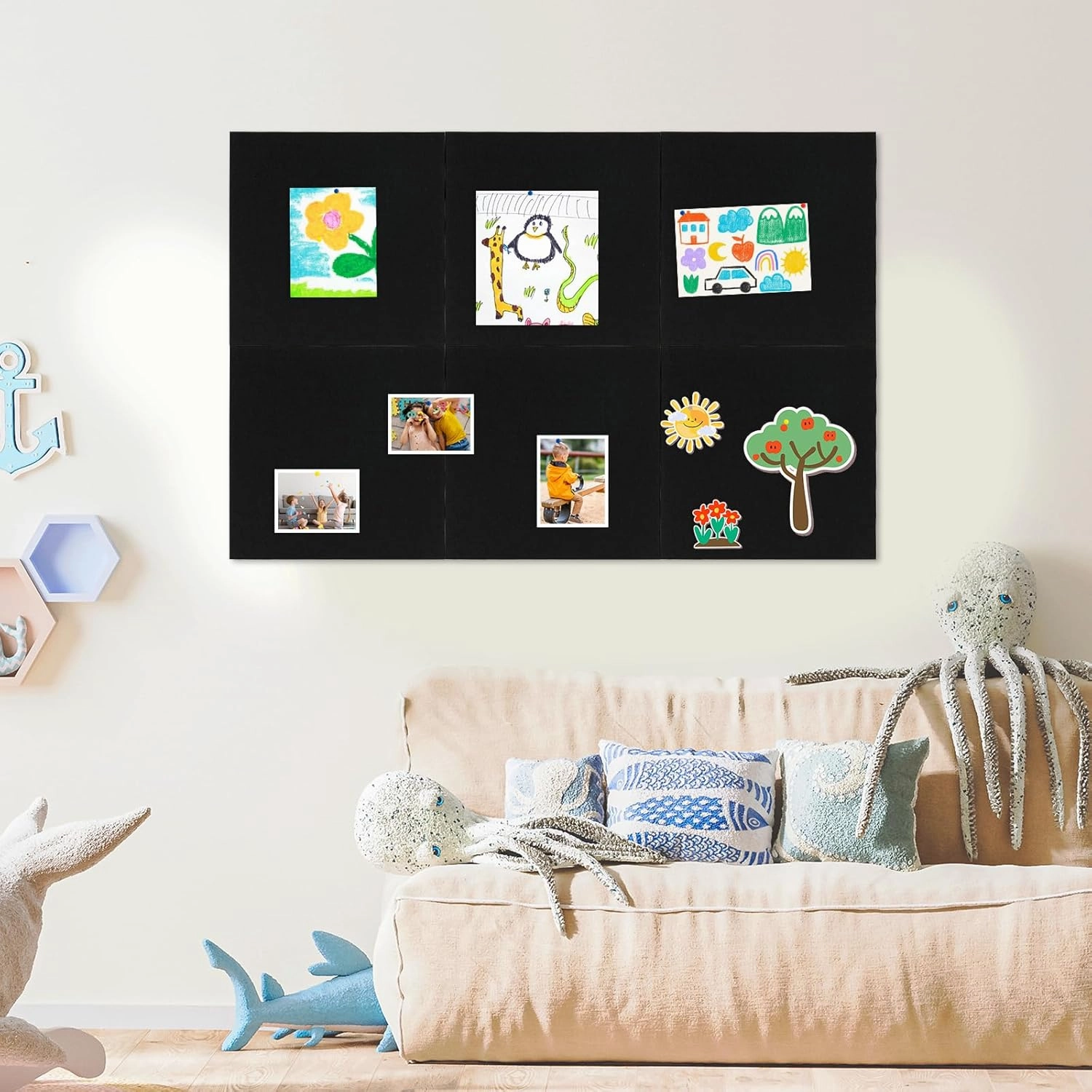 DOLLAR BOSS Felt Cork Board Tiles, 6 Packs 12" x 12" 1/2" Thick Cork Bulletin Board Self Adhesive Acoustic Panels Soundproof Corkboards for Walls with 60 Pushpins for Home Office Kitchen School, Black