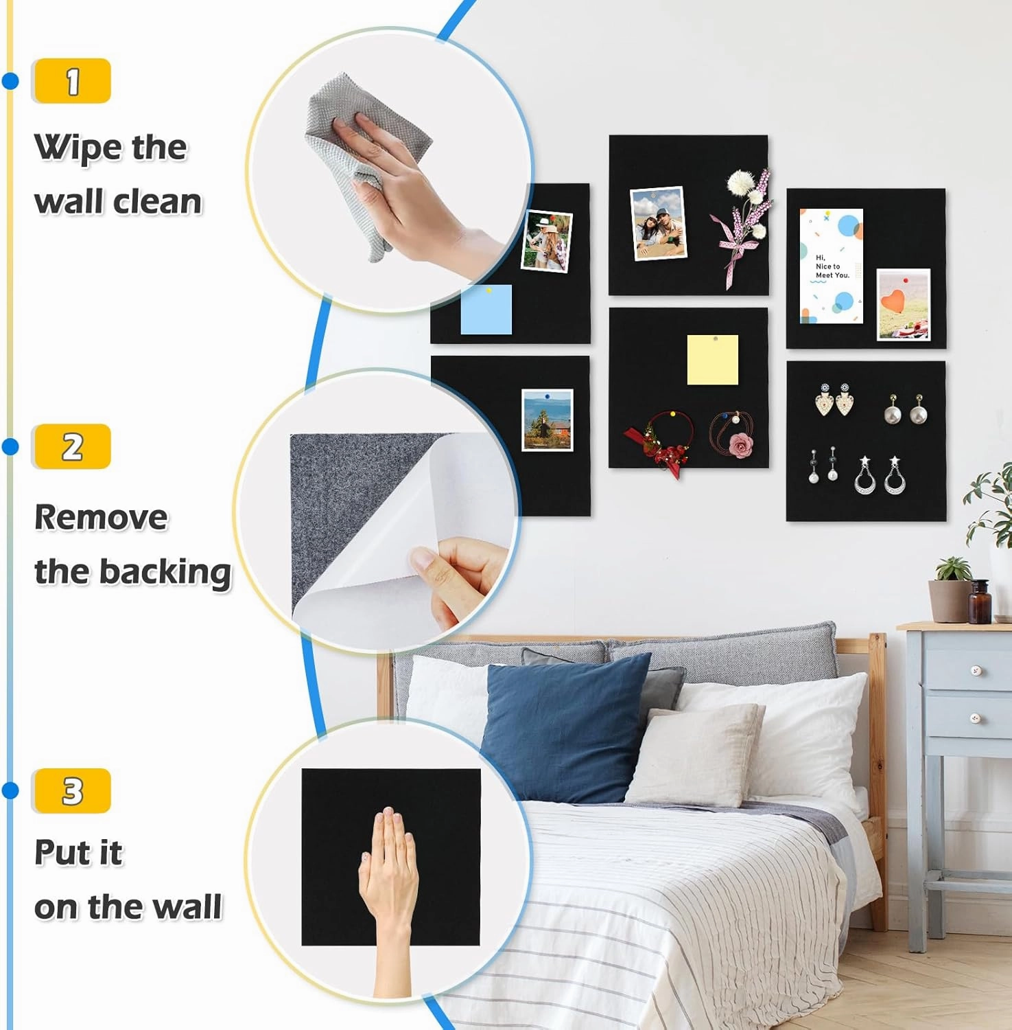 DOLLAR BOSS Felt Cork Board Tiles, 6 Packs 12" x 12" 1/2" Thick Cork Bulletin Board Self Adhesive Acoustic Panels Soundproof Corkboards for Walls with 60 Pushpins for Home Office Kitchen School, Black
