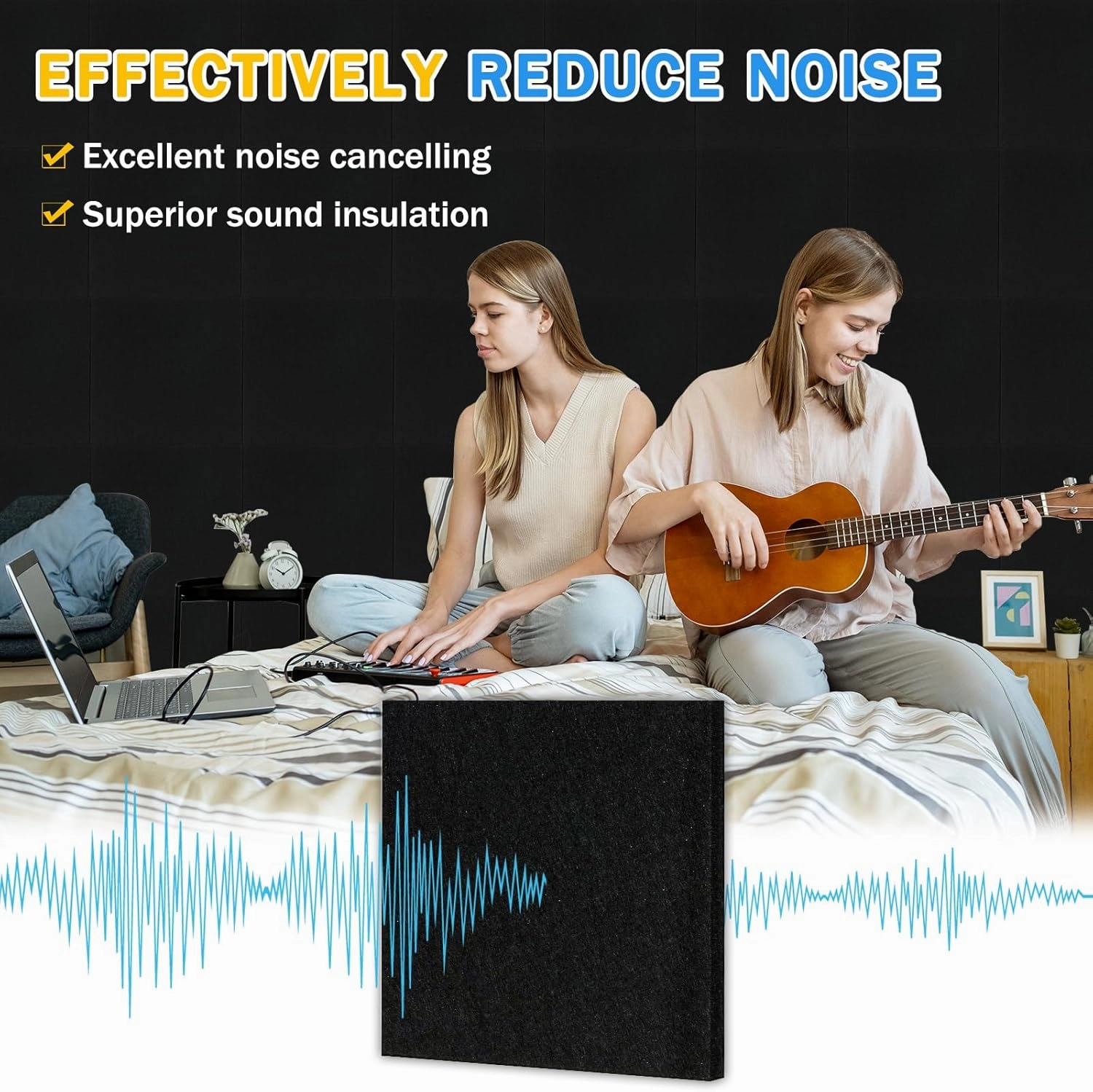 DOLLAR BOSS Felt Cork Board Tiles, 6 Packs 12" x 12" 1/2" Thick Cork Bulletin Board Self Adhesive Acoustic Panels Soundproof Corkboards for Walls with 60 Pushpins for Home Office Kitchen School, Black