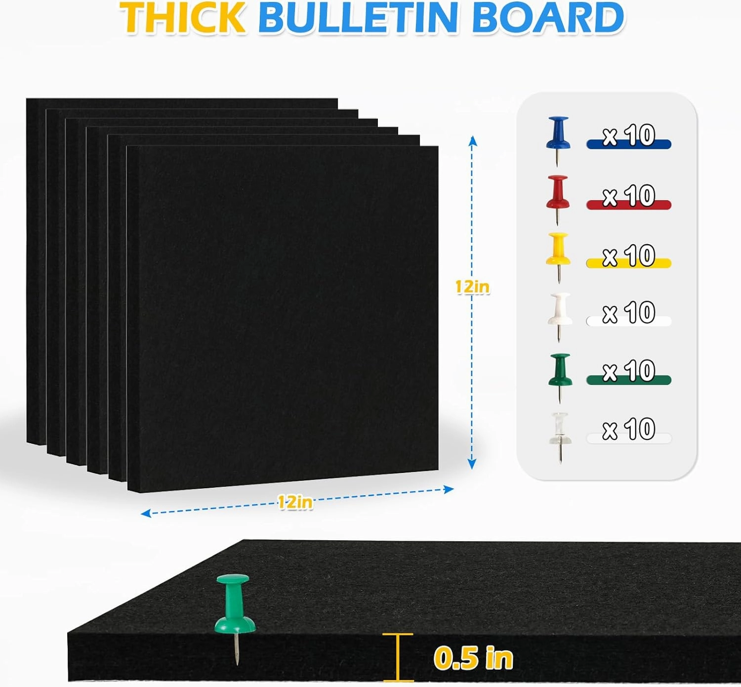 DOLLAR BOSS Felt Cork Board Tiles, 6 Packs 12" x 12" 1/2" Thick Cork Bulletin Board Self Adhesive Acoustic Panels Soundproof Corkboards for Walls with 60 Pushpins for Home Office Kitchen School, Black