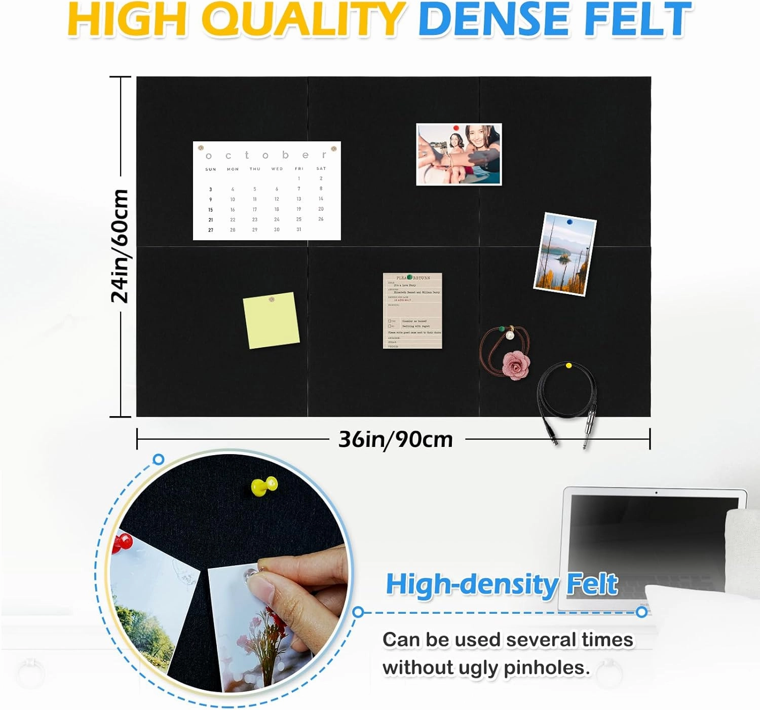 DOLLAR BOSS Felt Cork Board Tiles, 6 Packs 12" x 12" 1/2" Thick Cork Bulletin Board Self Adhesive Acoustic Panels Soundproof Corkboards for Walls with 60 Pushpins for Home Office Kitchen School, Black