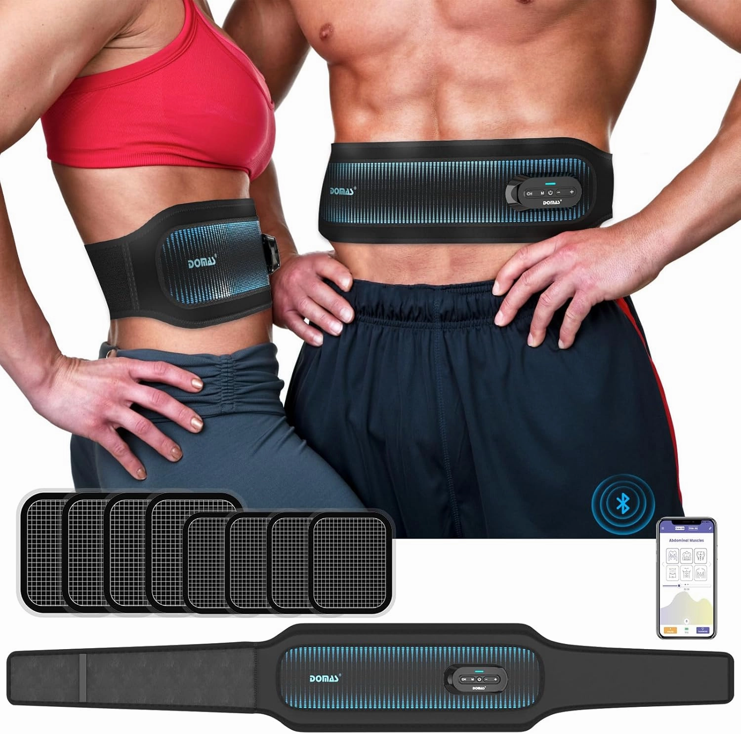 DOMAS Wireless Abs Stimulator Muscle Toner- APP Controlled Bluetooth Ab Belt Abdominal with 12 Modes 40 Intensity Levels and 8 Pcs Replacement Pads EMS Muscle Toning Belt for Women And Man