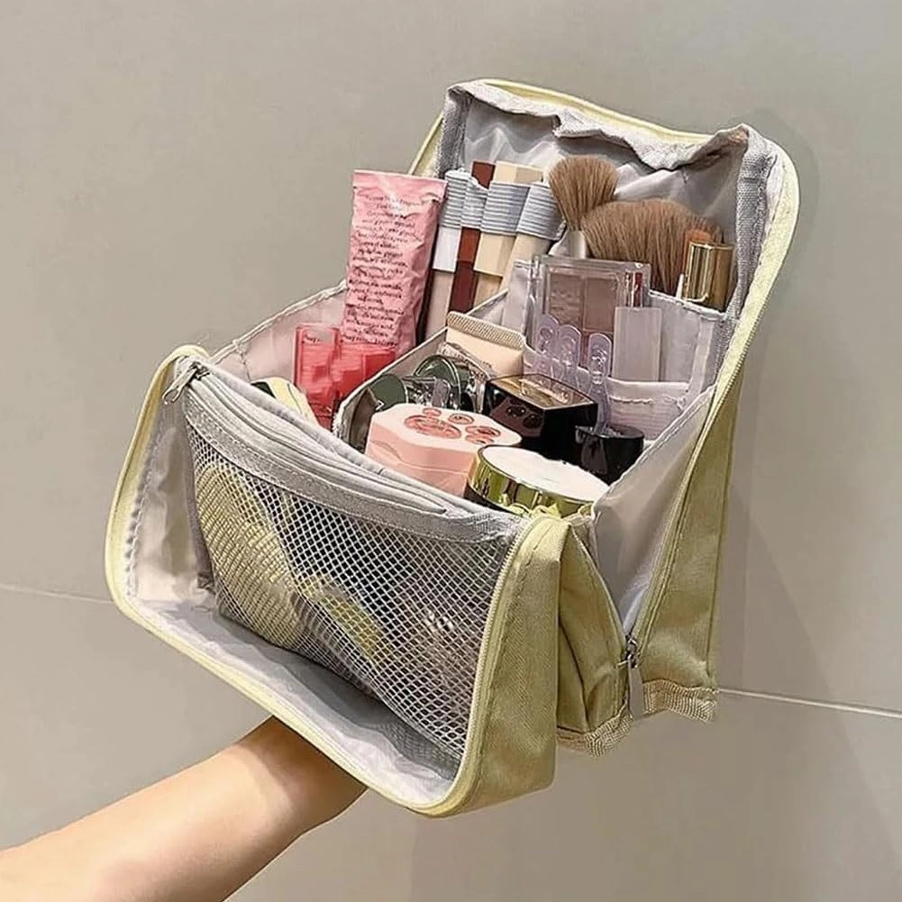 Doresty Makeup Bag, Large Capacity Standing Make up Bags, Multifunctional Waterproof Cosmetic Organizer, Multi-purpose Portable Oxford Handbag with Compartments for Travel Work Home(Blue)