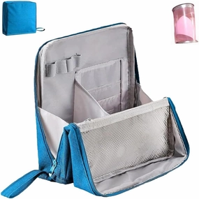 Doresty Makeup Bag, Large Capacity Standing Make up Bags, Multifunctional Waterproof Cosmetic Organizer, Multi-purpose Portable Oxford Handbag with Compartments for Travel Work Home(Blue)