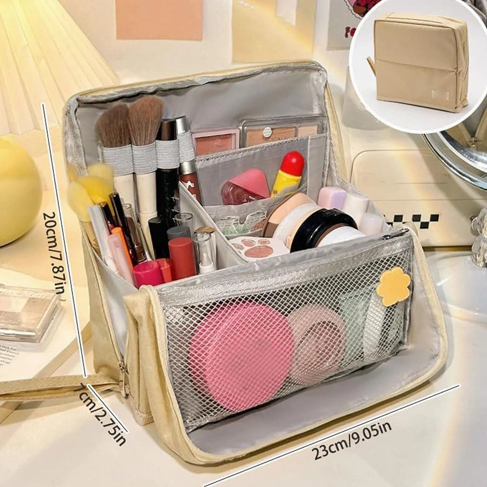 Doresty Makeup Bag, Large Capacity Standing Make up Bags, Multifunctional Waterproof Cosmetic Organizer, Multi-purpose Portable Oxford Handbag with Compartments for Travel Work Home(Blue)