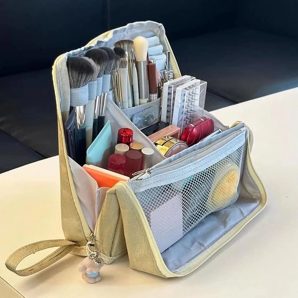 Doresty Makeup Bag, Large Capacity Standing Make up Bags, Multifunctional Waterproof Cosmetic Organizer, Multi-purpose Portable Oxford Handbag with Compartments for Travel Work Home(Blue)