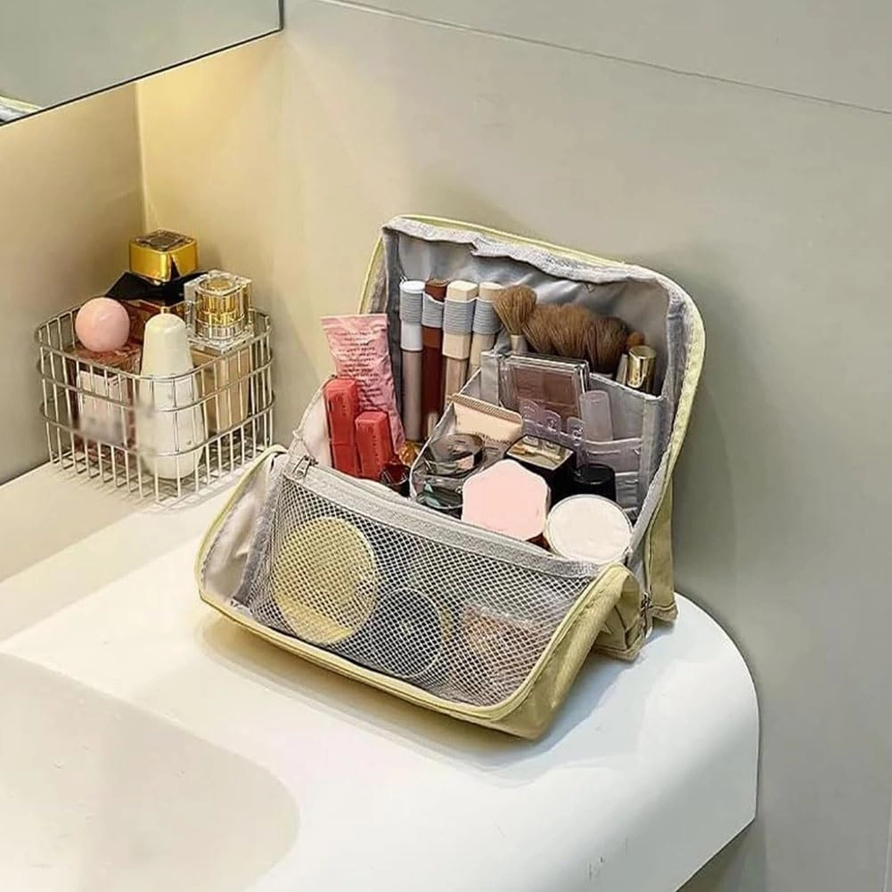 Doresty Makeup Bag, Large Capacity Standing Make up Bags, Multifunctional Waterproof Cosmetic Organizer, Multi-purpose Portable Oxford Handbag with Compartments for Travel Work Home(Blue)