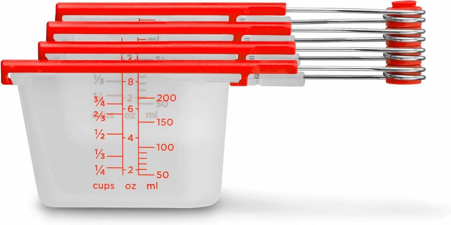 Dreamfarm Levups Self-Levelling Measuring Cup Set, Metric & Imperial Measurements up to 1 Cup - Pack of 4, Red