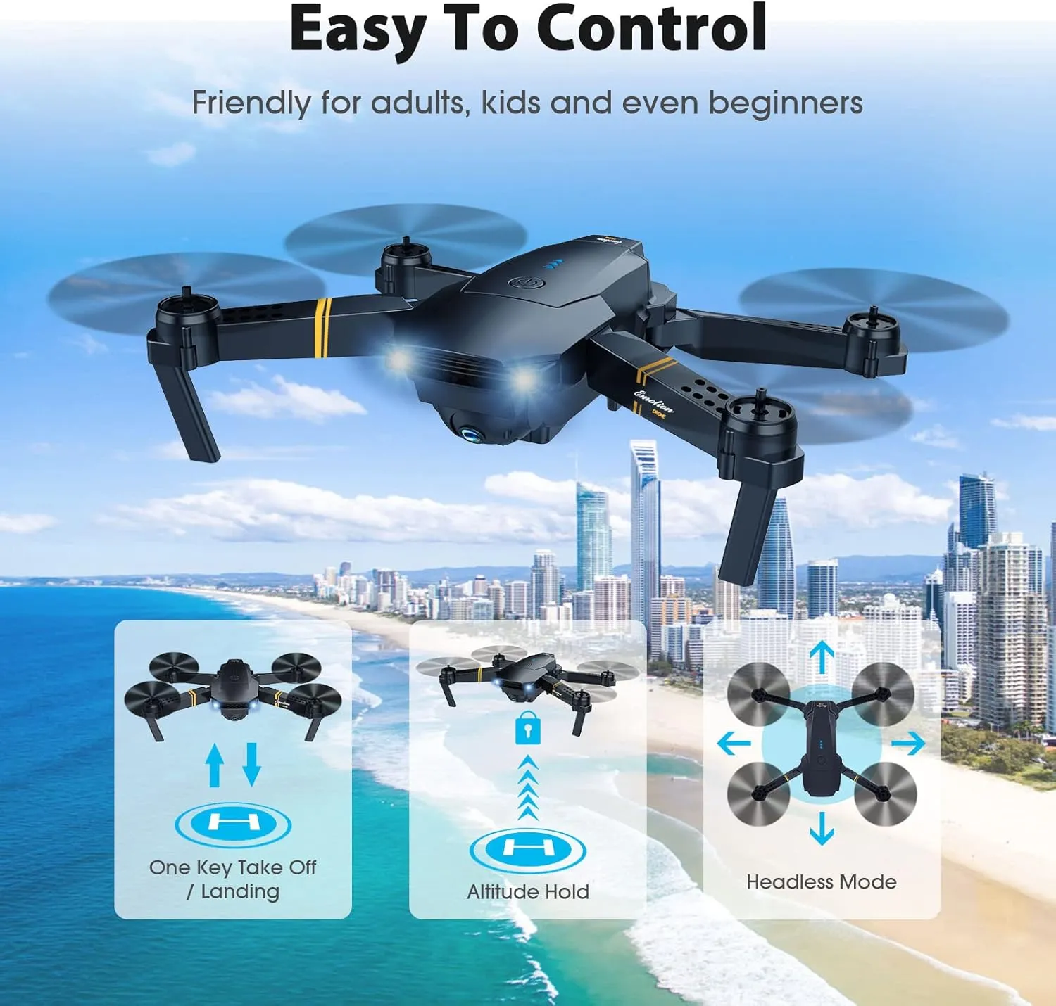 Drones with Camera for Adults Kids, Foldable RC Quadcopter, Helicopter Toys, 1080P FPV Video Drone for Beginners, 2 Batteries, Carrying Case, One Key Start, Altitude Hold,Headless Mode,3D Flips