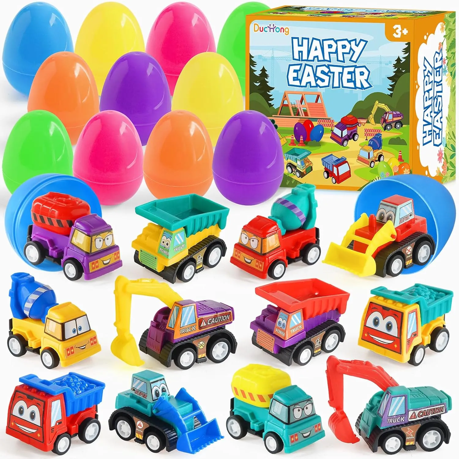 Duchong Prefilled Easter Eggs with Cars Toys for Easter Eggs Hunt,12 Packs 2.8“ Plastic Eggs with Pull-Back Construction Vehicles, Surprise Eggs, Easter Theme Party Favor, Basket Stuffers Filler