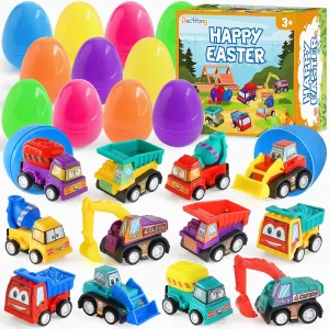 Duchong Prefilled Easter Eggs with Cars Toys for Easter Eggs Hunt,12 Packs 2.8“ Plastic Eggs with Pull-Back Construction Vehicles, Surprise Eggs, Easter Theme Party Favor, Basket Stuffers Filler