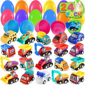 Duchong Prefilled Easter Eggs with Cars Toys for Easter Eggs Hunt, 24 Packs 2.8“ Plastic Eggs with Pull-Back Construction Vehicles, Easter Theme Party Favor, Easter Basket Stuffers for Boys Girls