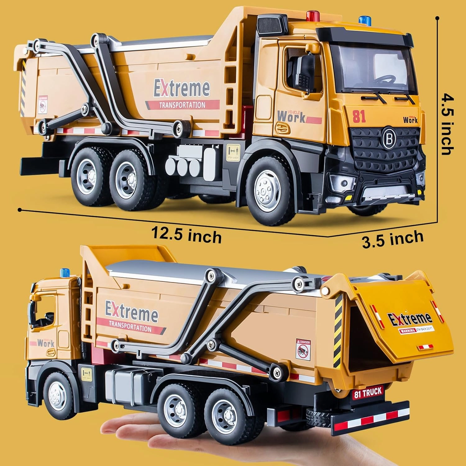 Dump Truck Toy Metal Cab, Friction Powered Large Dump Trucks for Boys Age 4-7, Big Construction Vehicle for Kids with Lights and Sounds, 12.5"