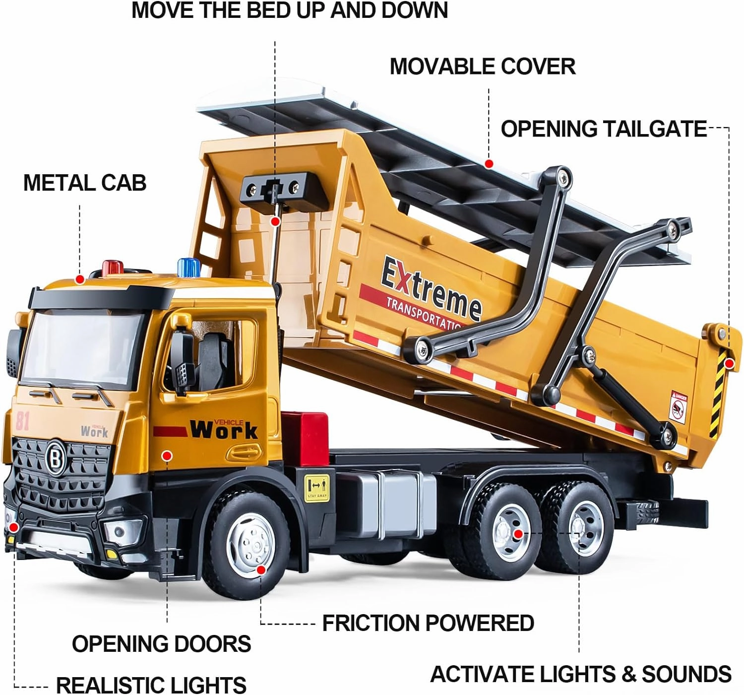 Dump Truck Toy Metal Cab, Friction Powered Large Dump Trucks for Boys Age 4-7, Big Construction Vehicle for Kids with Lights and Sounds, 12.5"