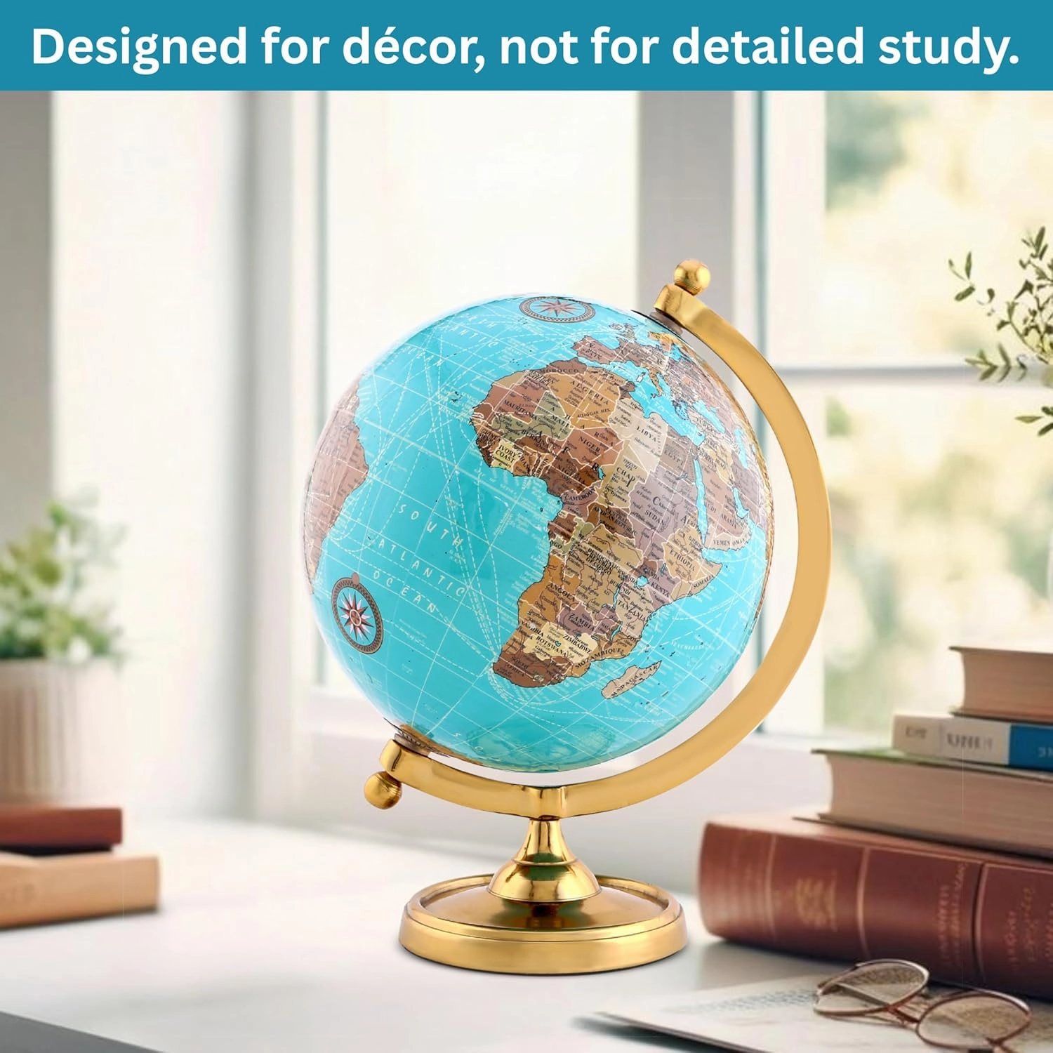 Earth Light Blue Rotating Globe of The World with Gold Stand (NOT PLASTIC!) for Bookcase Shelf Decorative Home Desk sturdy Office Decor 6-inch