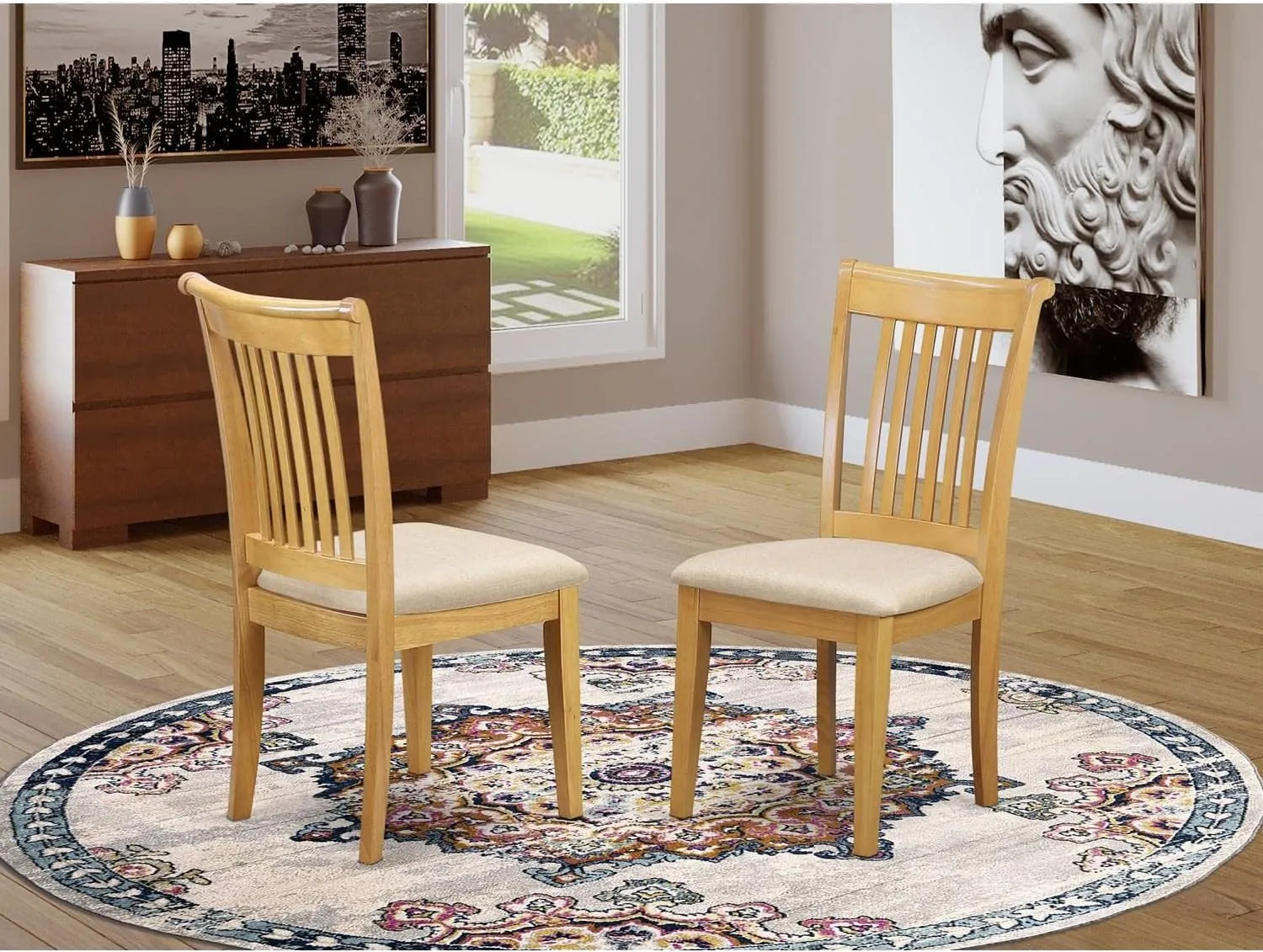 East West Furniture POC-OAK-C Portland Dining Chairs - Linen Fabric Upholstered Solid Wood Chairs, Set of 2, Oak