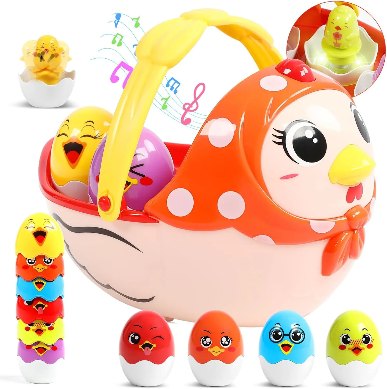 Easter Basket Easter Eggs Music Toys for Kids Month 18 , Plastic Easter Eggs Easter Basket Stuffers for Toddler, Moving Hen Filled with 6 Eggs Party Favors for Easter Hunt