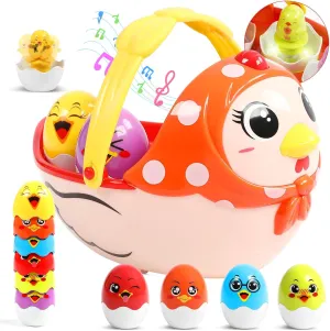 Easter Basket Easter Eggs Music Toys for Kids Month 18 , Plastic Easter Eggs Easter Basket Stuffers for Toddler, Moving Hen Filled with 6 Eggs Party Favors for Easter Hunt