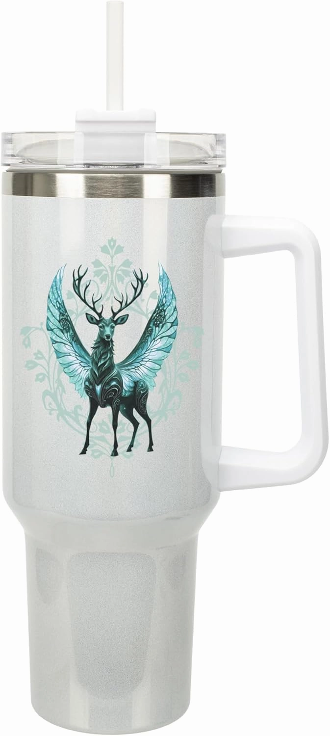 Elanze Designs Mythical Peryton Flying Stag Buck Deer 40 oz. Stainless Steel, Large Water Bottle Coffee Mug, Spill & Leak Resistant, Thermal Travel Tumbler with Handle, Lid & Straw, White
