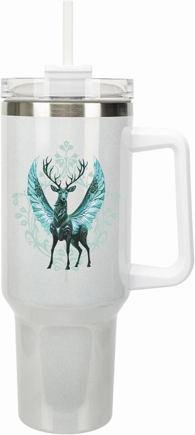 Elanze Designs Mythical Peryton Flying Stag Buck Deer 40 oz. Stainless Steel, Large Water Bottle Coffee Mug, Spill & Leak Resistant, Thermal Travel Tumbler with Handle, Lid & Straw, White