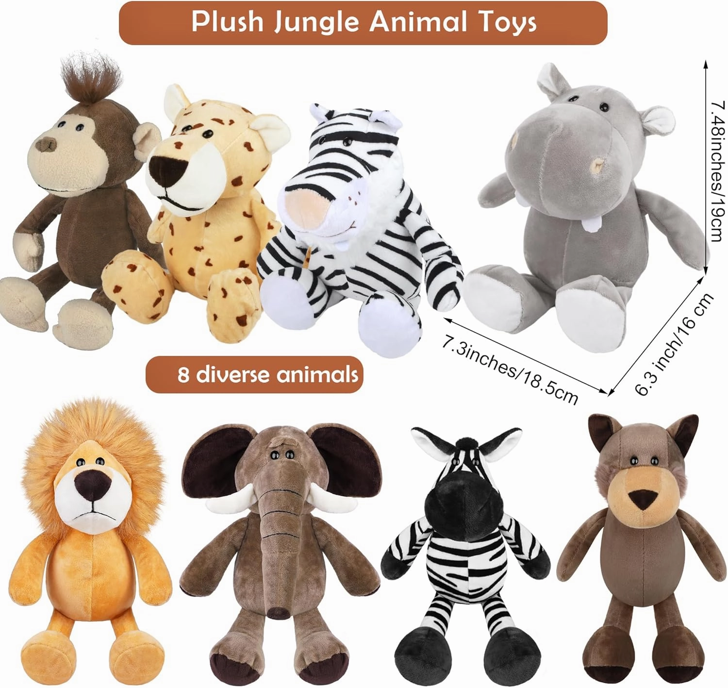 Elcoho 8 Pieces Safari Stuffed Animals Plush Jungle Animal Toys 9.8 Inch Zoo Stuffed Animals Set Cute Plush Toys for Animal Themed Parties Teacher Student Award, 8 Styles
