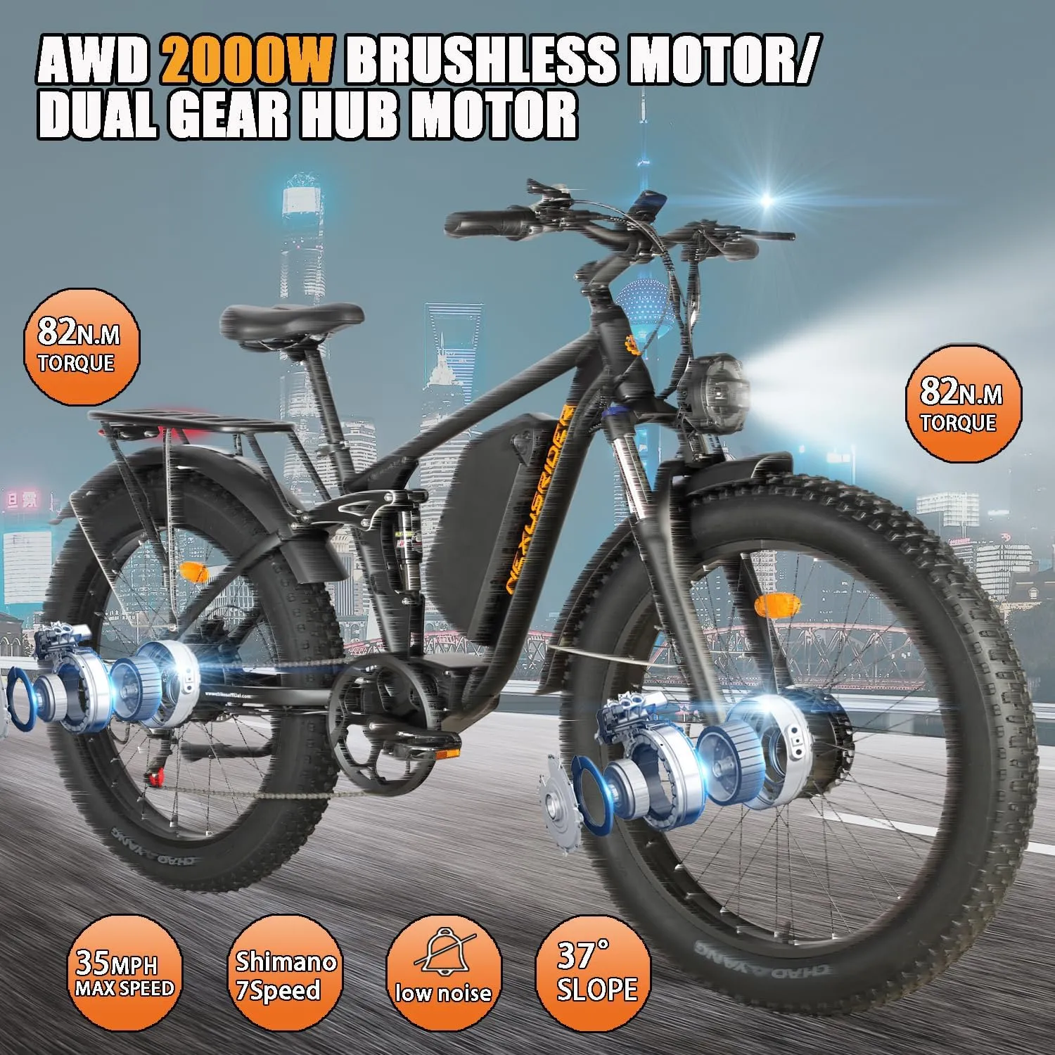Electric Bike for Adults, Dual Motor AWD 2000W 35MPH Electric Bicycles, Removable Lithium Battery 48V/22.4AH, 21-Speed with Ignition Lock Hydraulic Disc Brake