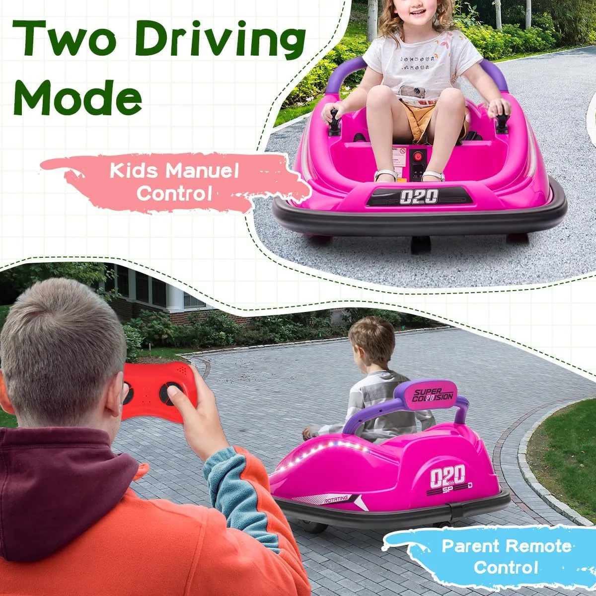 Electric Bumper Car for Kids, 12V Electric Ride on Car for Toddlers with Remote, 360 Degree Spin, 2-Speed, Music, LED Lights, Ages 1.5-8 Years Old, Bumper Car for Birthday Gift(Pink)