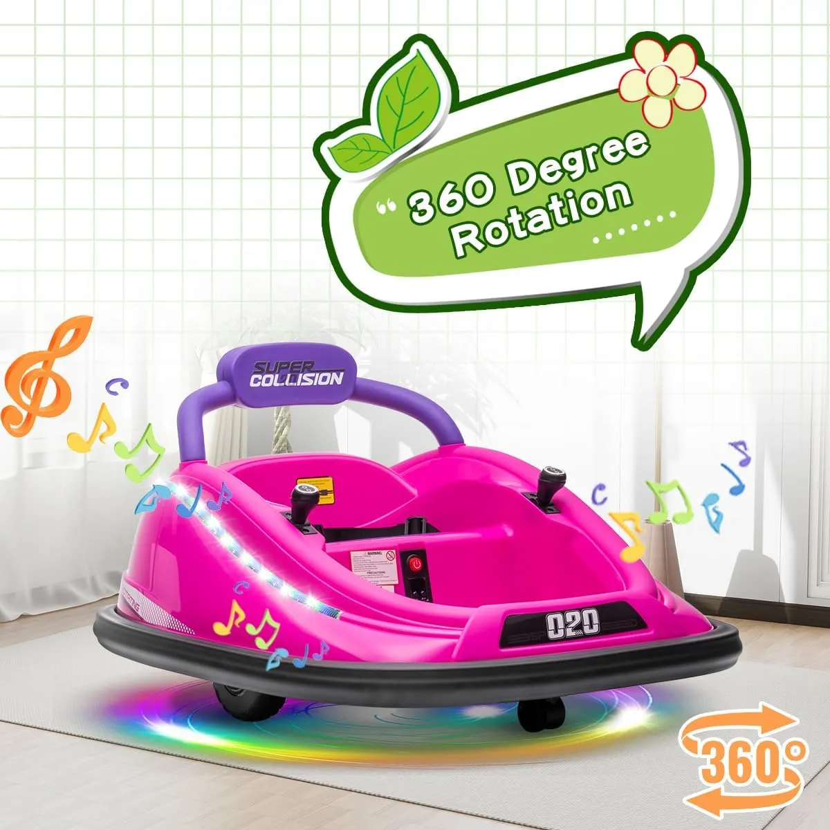 Electric Bumper Car for Kids, 12V Electric Ride on Car for Toddlers with Remote, 360 Degree Spin, 2-Speed, Music, LED Lights, Ages 1.5-8 Years Old, Bumper Car for Birthday Gift(Pink)