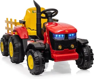 Electric Kids Ride-On Tractor with Trailer, 12V Battery Powered Vehicle Toy, Remote Control, Music, Startup Sound USB, LED Lights, Red