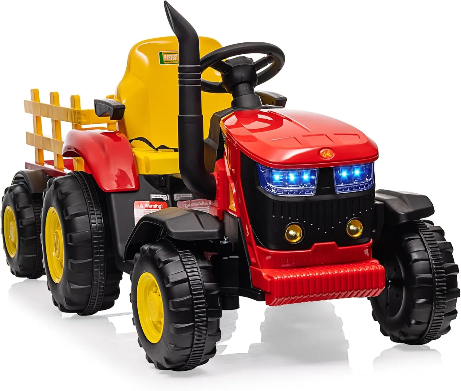 Electric Kids Ride-On Tractor with Trailer, 12V Battery Powered Vehicle Toy, Remote Control, Music, Startup Sound USB, LED Lights, Red