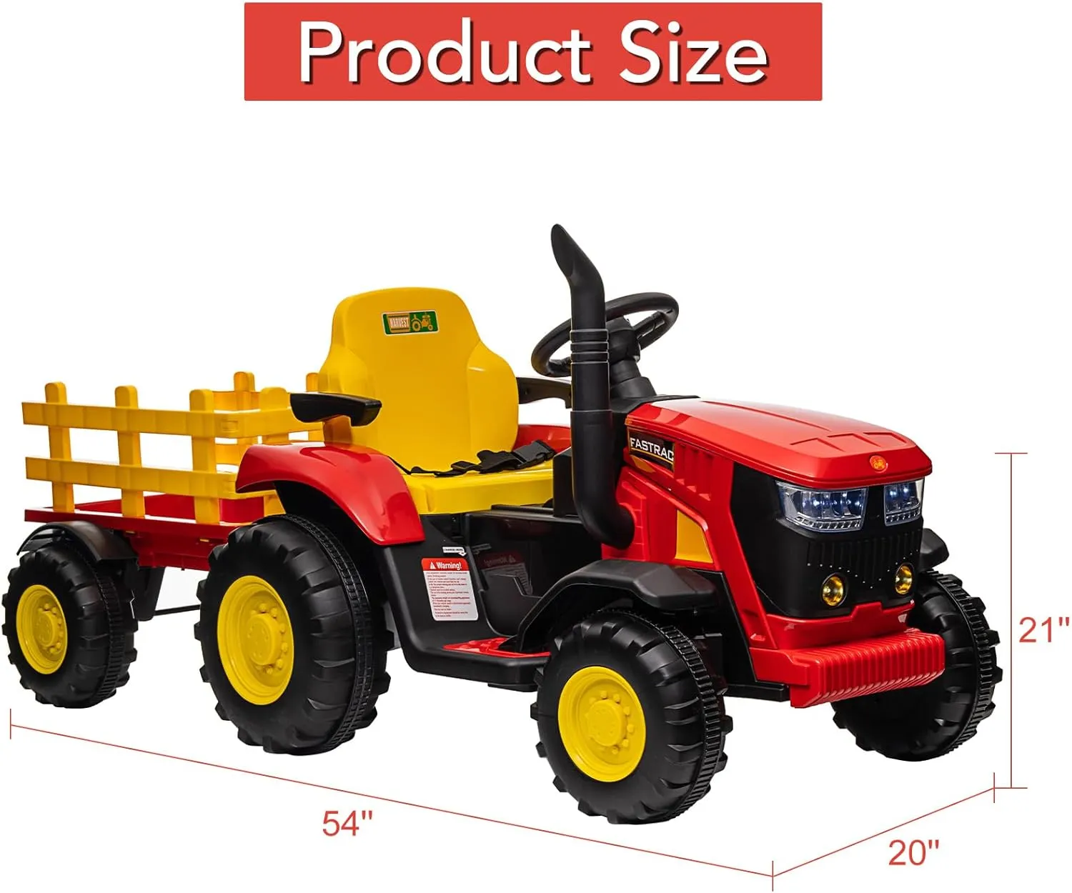 Electric Kids Ride-On Tractor with Trailer, 12V Battery Powered Vehicle Toy, Remote Control, Music, Startup Sound USB, LED Lights, Red